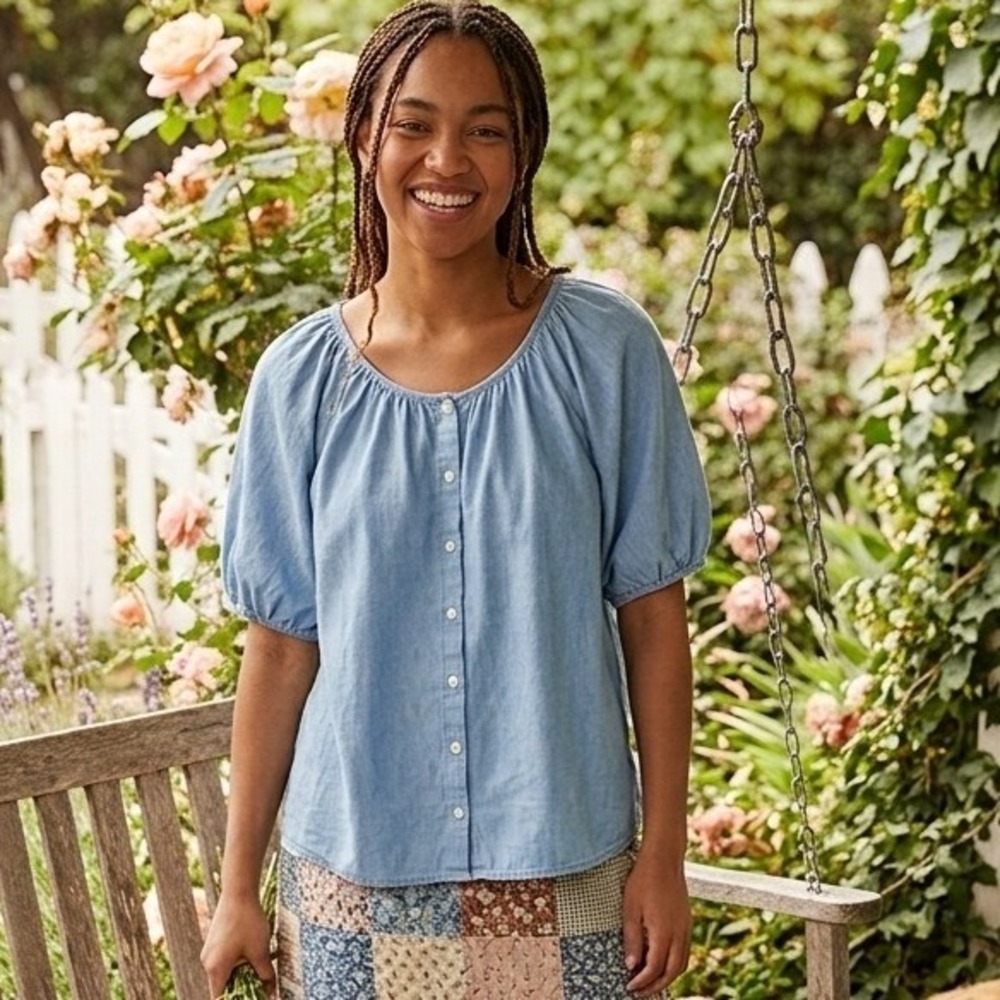 Levis Chambray Blouse Womens Large Blue Puff Sleeve Button Up Cotton Cottagecore